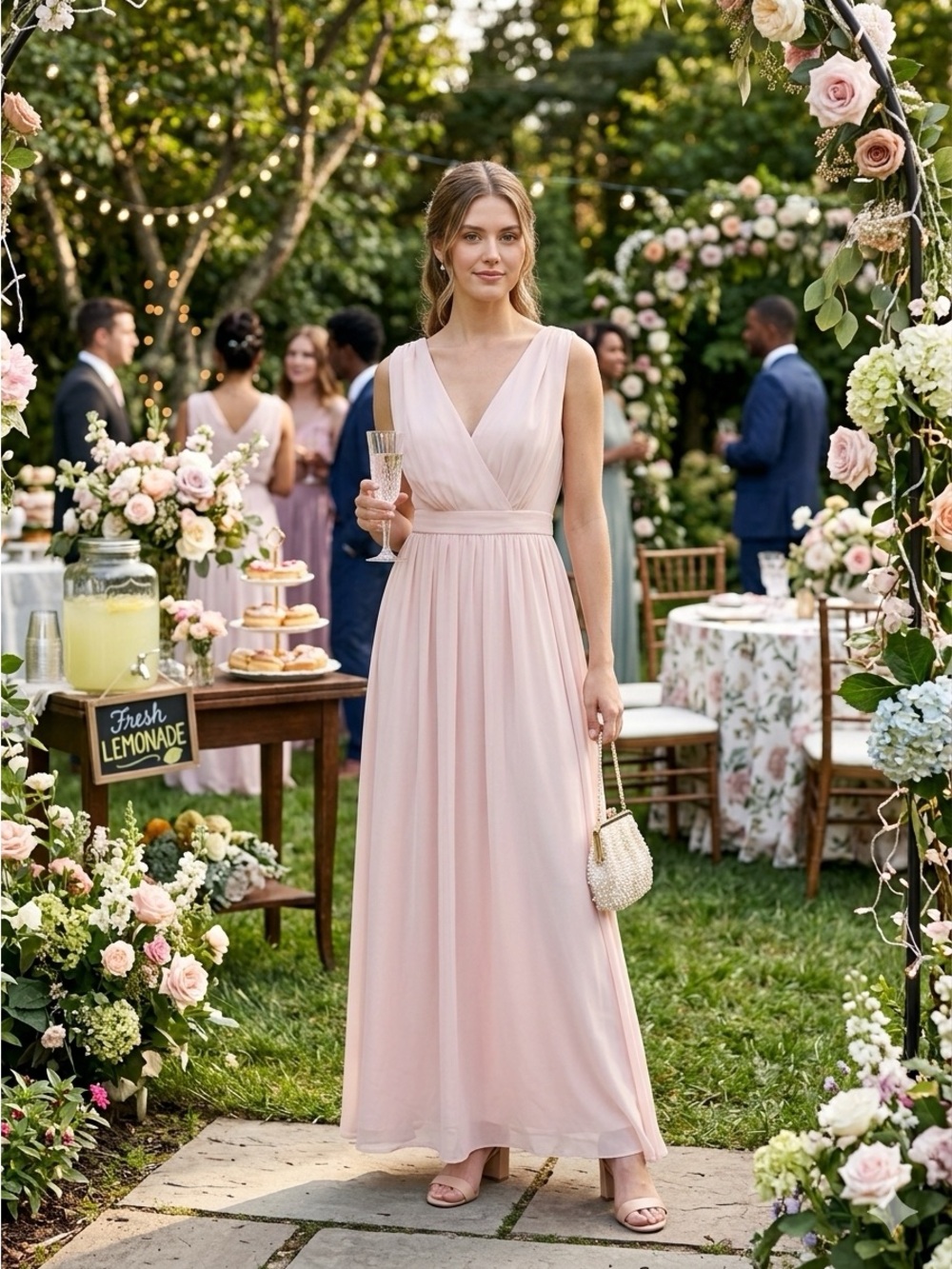 Blush V-Neck Maxi Dress with Defined Waist # 398